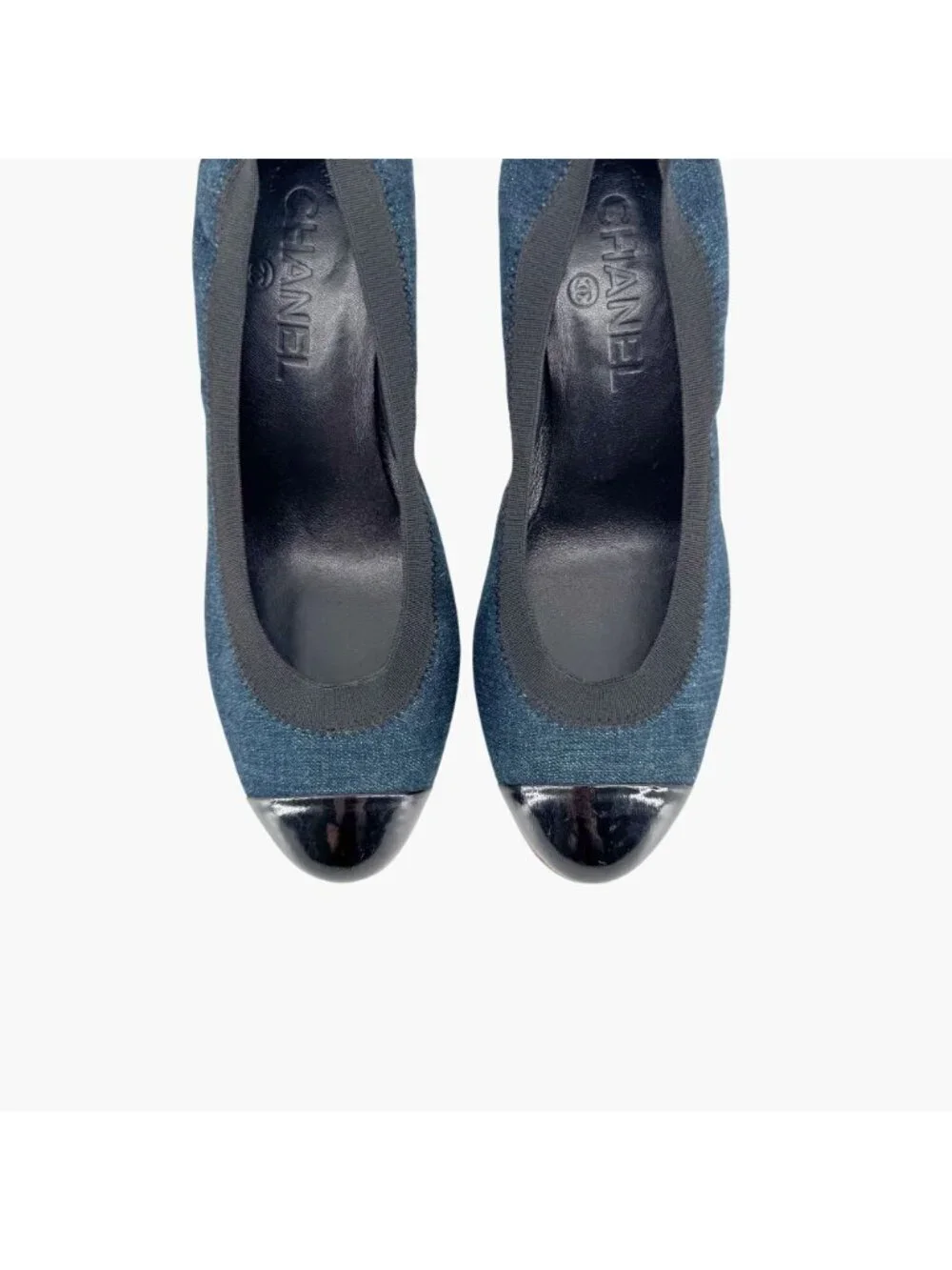 Chanel Elastic CC Logo Blue Denim Pumps High Heels Size 39 US 8-8.5 Women